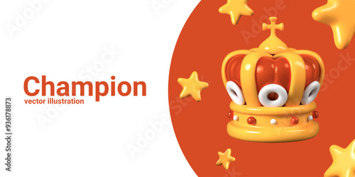 Luxurious crown, golden stars on red background. Vector mockup