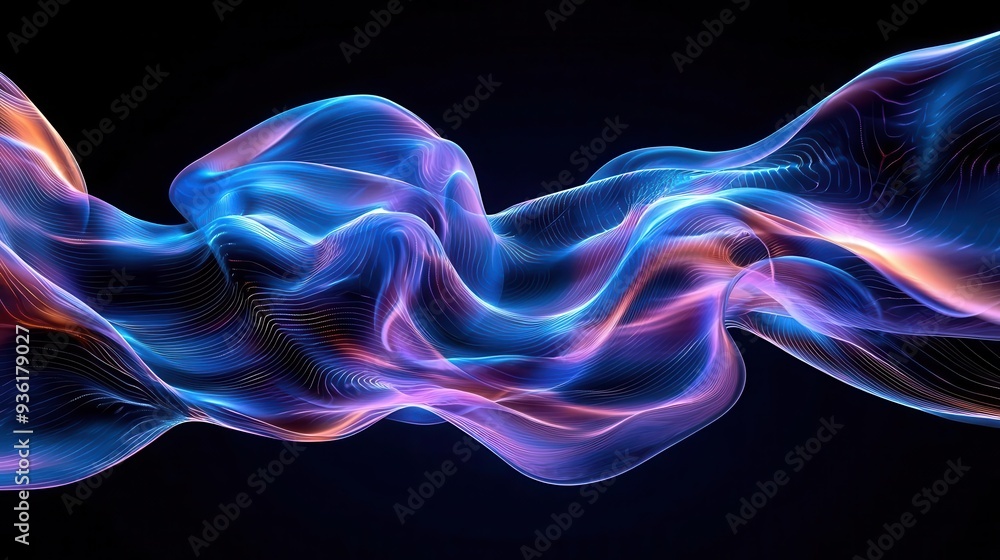 Fototapeta premium Abstract flowing neon light waves in blue, purple, and orange.