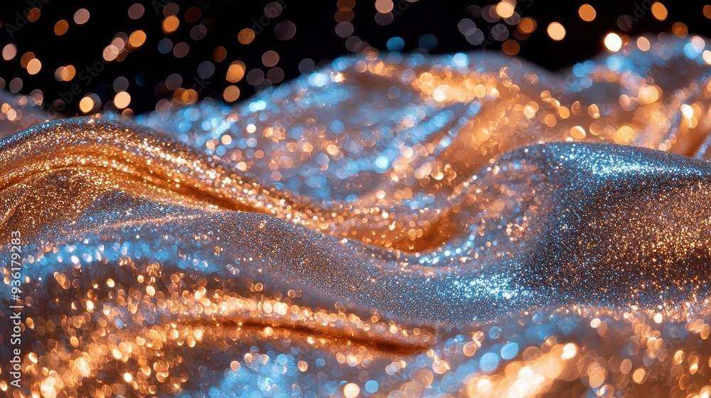 Obraz premium Sparkling golden fabric with bokeh lights in the background.