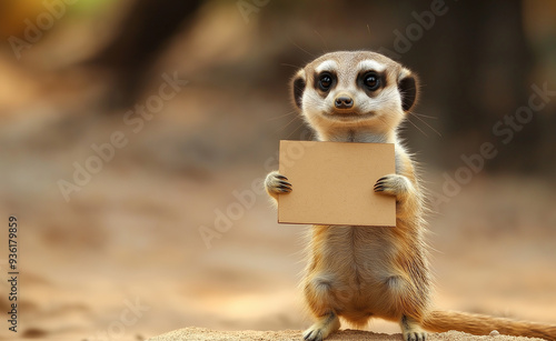 Meerkat holding a blank cardboard sign in its paws with a warm golden background. photo