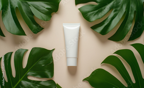 White cosmetic tube placed among large green leaves on a beige background. photo