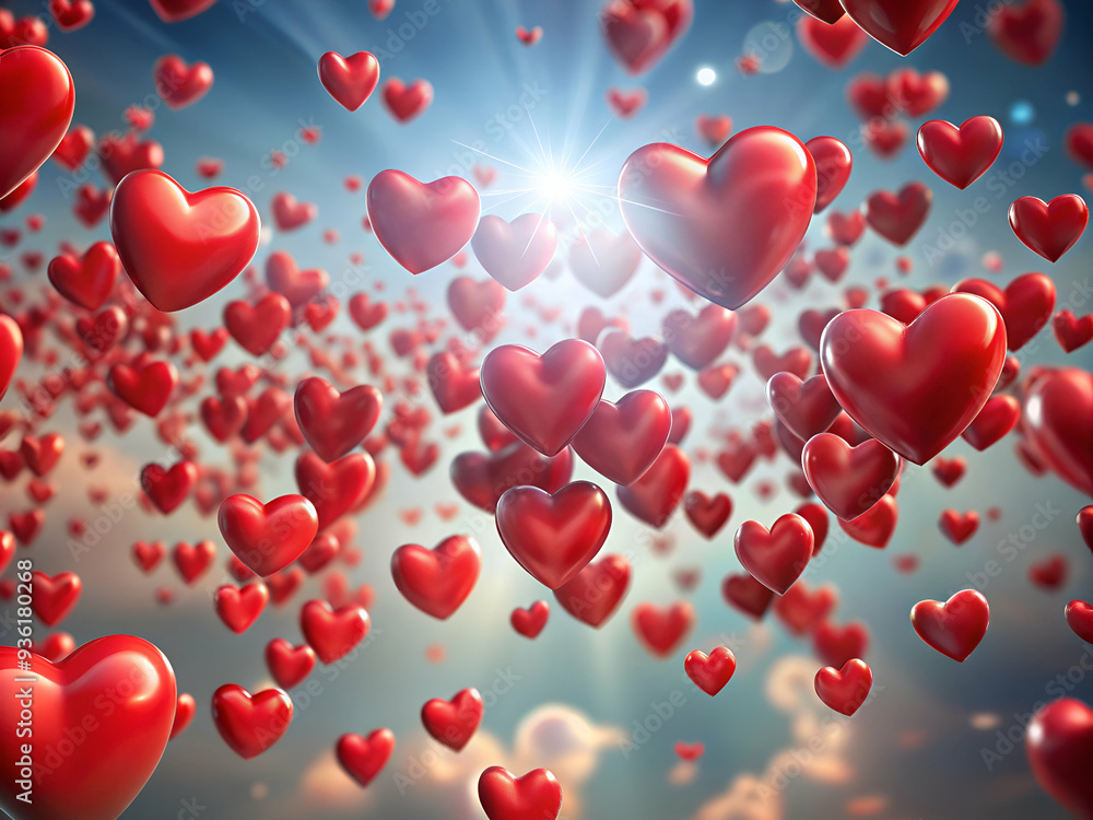 Valentines day background with red hearts flying in air Valentines day background with red hearts flying in air
