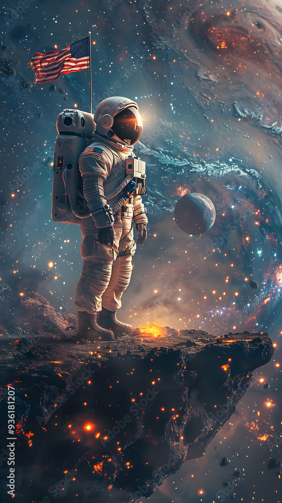 Fototapeta premium Photo Realistic Astronaut with Helmet and Flag on Floating Island in Space Exploration Concept
