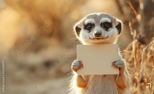 Meerkat holding a blank cardboard sign in its paws. photo