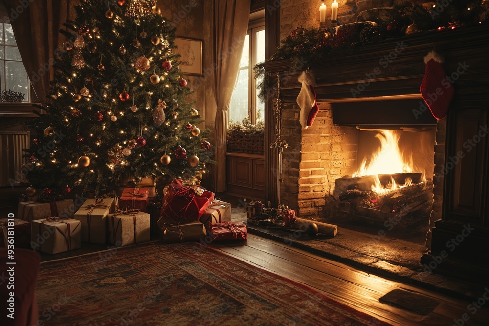 A cozy living room with a Christmas tree and a fireplace. Christmas background A cozy living room with a Christmas tree and a fireplace. Christmas background