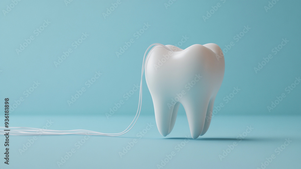 A large, stylized tooth with dental floss against a simple blue background highlights oral hygiene concerns in a modern context A large, stylized tooth with dental floss against a simple blue background highlights oral hygiene concerns in a modern context