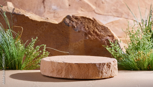 Empty sandstone podium surrounded by desert flora, rocky wall on backdrop. Presentation scene