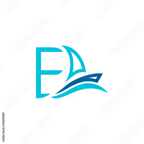 vector logo combination of sailing ship or boat with letters, initials, alphabet, with blue base color for business purposes and others