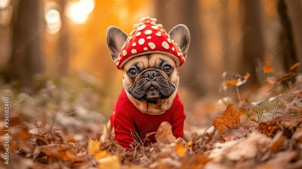 French Bulldog in Mushroom Costume in Autumn Forest
French Bulldog in Mushroom Costume in Autumn Forest
