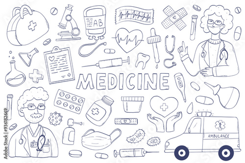 Medical doodles, medicine cartoon elements collection, clipart for prints, posters, social media, stickers, cards, banners, etc. World health day theme. EPS 10