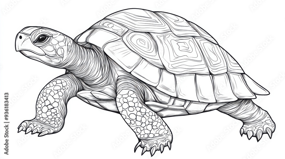 Fototapeta premium Outline illustration of a black and white turtle for drawing and coloring on white background