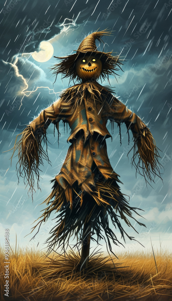 Fototapeta premium a dark, scary scarecrow in a thunderstorm