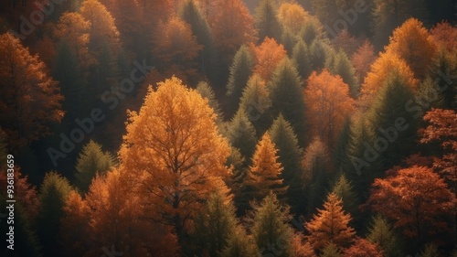 Overhead view of a forest in autumn colors.