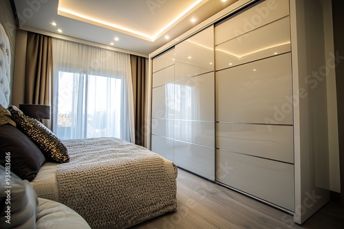 High-gloss white wardrobe with sliding doors Modern design