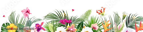 Wallpaper Mural Tropical banner arranged from exotic emerald leaves and exotic flowers. Paradise plants, greenery and palm card. Stylish fashion frame. Wedding design. All leaves are not cut. Isolated and editable Torontodigital.ca
