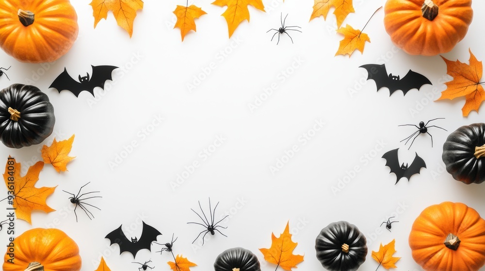 Fototapeta premium Black and Orange Pumpkins with Spiders and Bats 