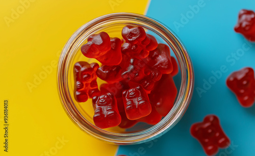 Glass jar filled with red gummy bears on a yellow and blue background. photo