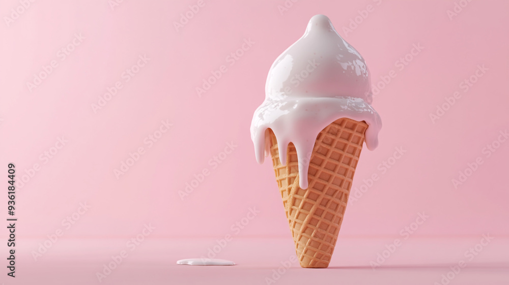 Delicious ice cream cone with melting swirl against a pastel pink background on a sunny day Delicious ice cream cone with melting swirl against a pastel pink background on a sunny day