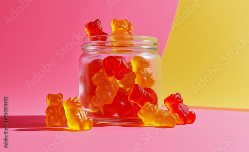 Glass jar filled with red gummy bears on a pink background. photo