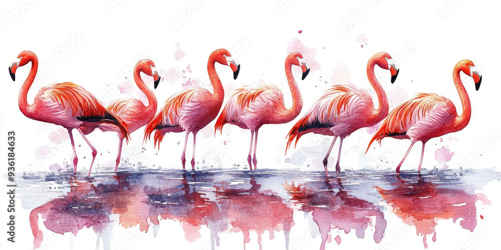 Obraz premium Watercolor Painting of Six Pink Flamingos in Water