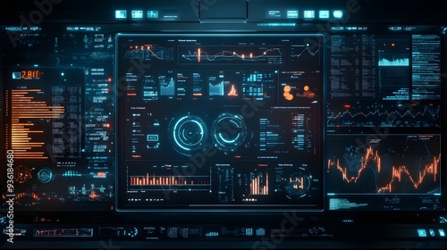 21. A futuristic digital dashboard displaying real-time network statistics and data analytics