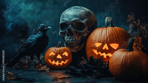 Halloween Scene with Raven, Pumpkins, and Skull 