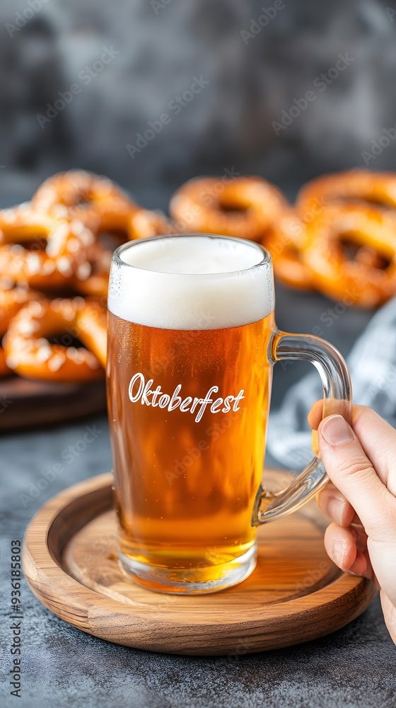 A glass of beer and a plate of pretzels with the word A glass of beer and a plate of pretzels with the word