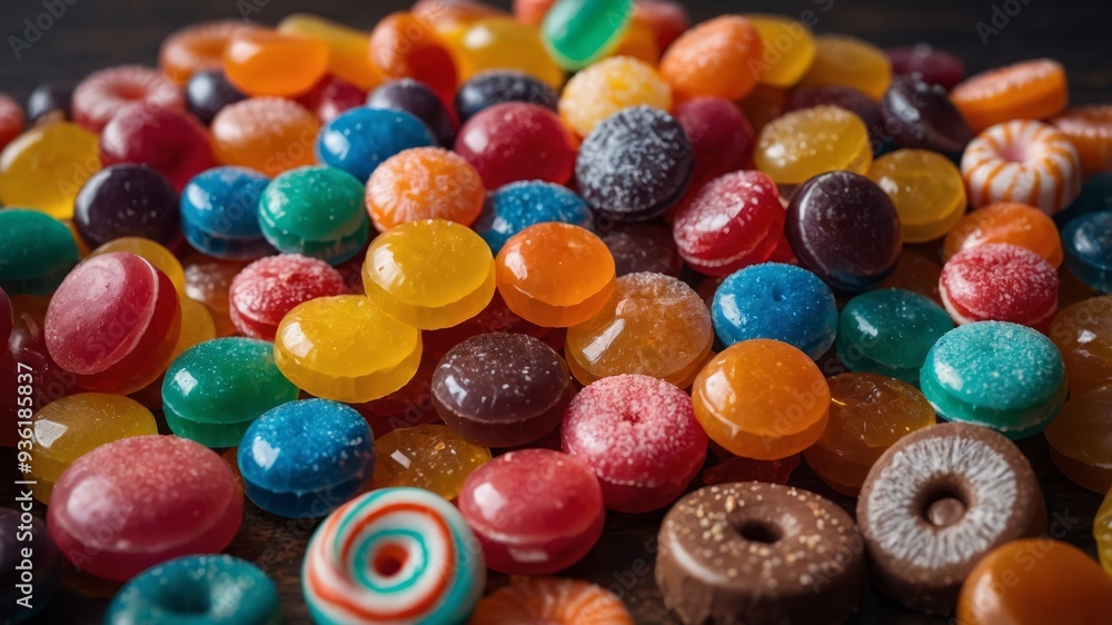 Fototapeta premium A lots of candies, jellies, and sweets arranged, Colorful candies.