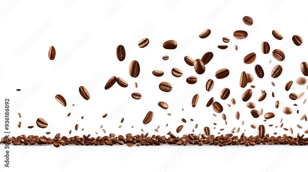 Coffee beans falling down from the top of the image and scattered on the bottom, with a white background. Coffee beans falling down from the top of the image and scattered on the bottom, with a white background.