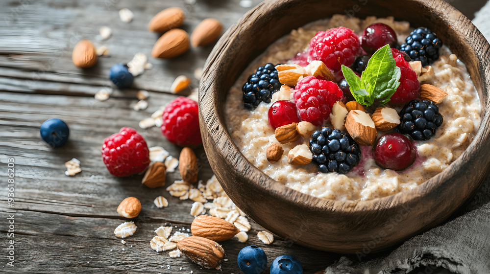 Rustic breakfast of oatmeal with berries and nuts on wooden table, space for morning greeting or recipe Rustic breakfast of oatmeal with berries and nuts on wooden table, space for morning greeting or recipe