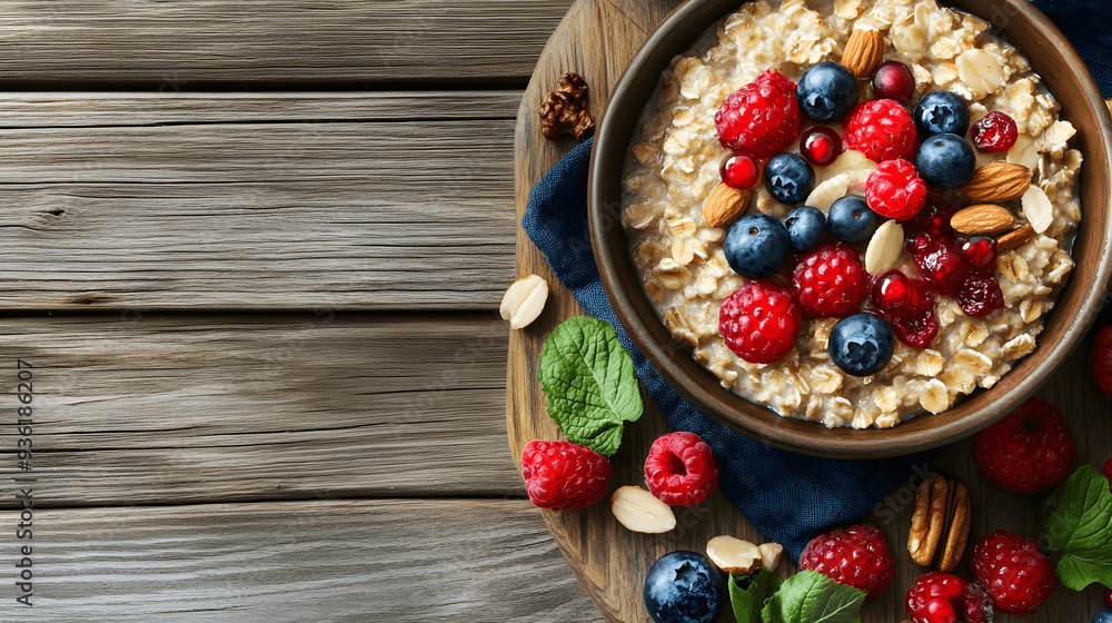 Rustic breakfast of oatmeal with berries and nuts on wooden table, space for morning greeting or recipe Rustic breakfast of oatmeal with berries and nuts on wooden table, space for morning greeting or recipe