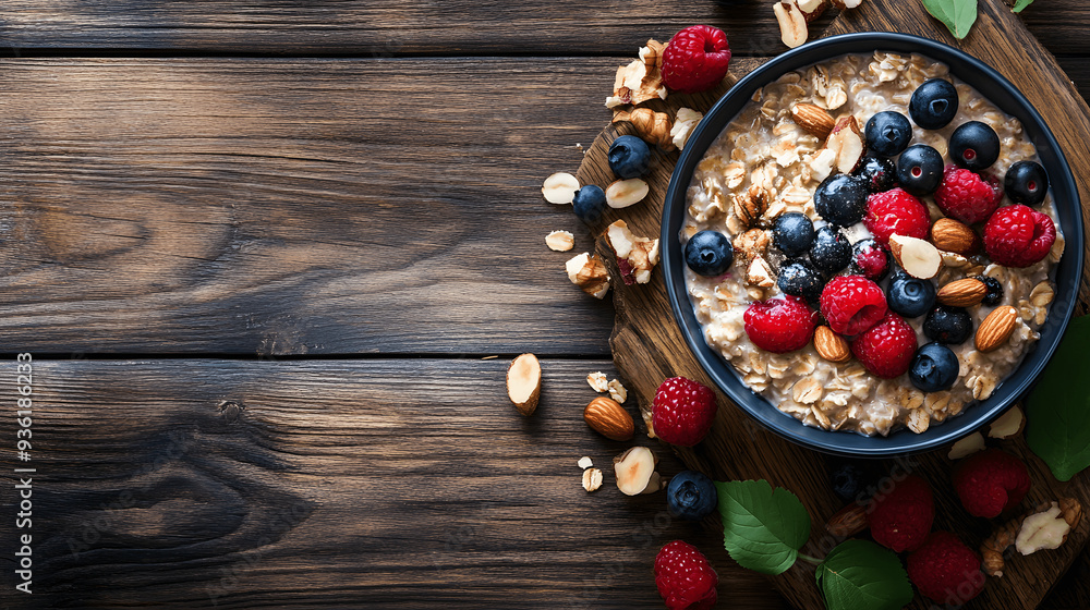 Rustic breakfast of oatmeal with berries and nuts on wooden table, space for morning greeting or recipe Rustic breakfast of oatmeal with berries and nuts on wooden table, space for morning greeting or recipe