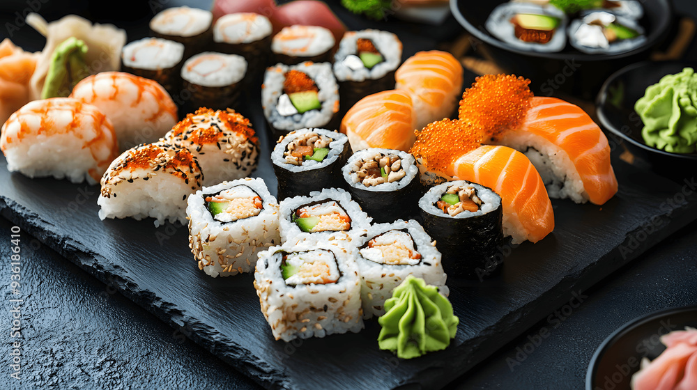 Fresh sushi rolls on black slate board with wasabi and ginger, room for text Fresh sushi rolls on black slate board with wasabi and ginger, room for text