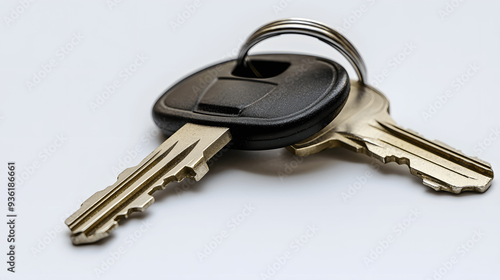 Keys and car key fob on clean background, space for driving or travel content Keys and car key fob on clean background, space for driving or travel content