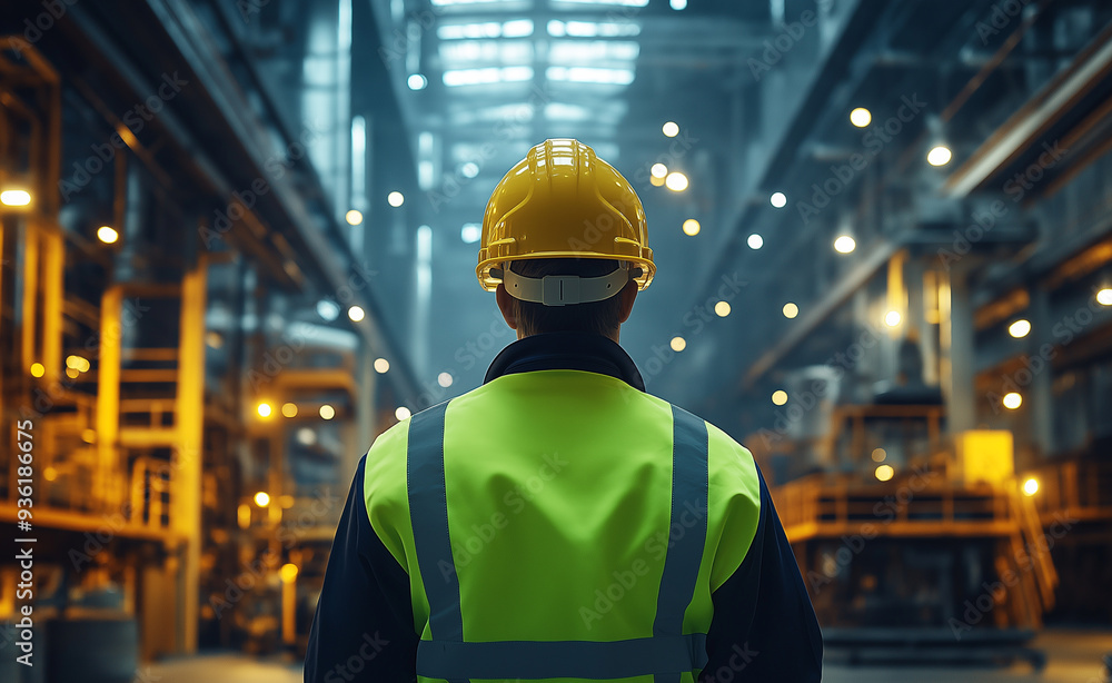 Worker in a yellow vest and hard hat surveying an industrial warehouse. Worker in a yellow vest and hard hat surveying an industrial warehouse.