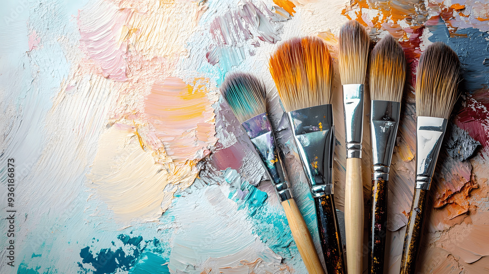 Obraz premium Paintbrushes and palette on clean background with copy space for art or DIY projects