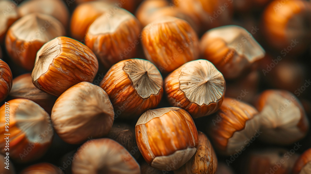A pile of hazelnuts, side by side. A type of nut, one of the finest nuts used to make Nutella A pile of hazelnuts, side by side. A type of nut, one of the finest nuts used to make Nutella