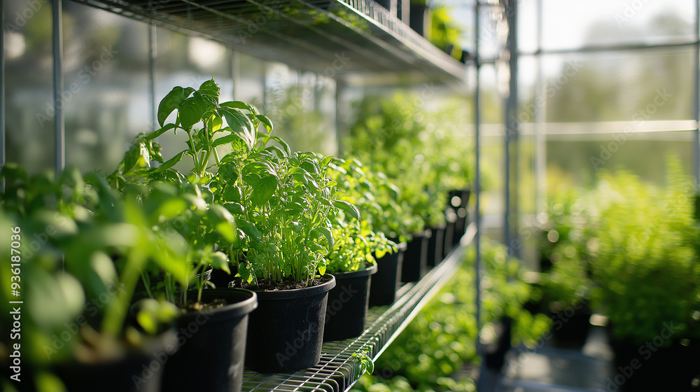 Rows of potted plants growing in a greenhouse.
Rows of potted plants growing in a greenhouse.