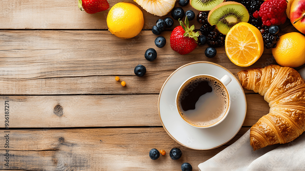 Breakfast table with coffee, croissants, and fruit on light wooden surface, top view with copy space Breakfast table with coffee, croissants, and fruit on light wooden surface, top view with copy space
