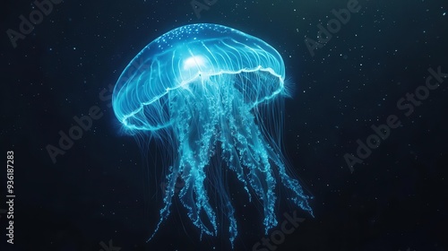 4K Realistic Bioluminescent comb jelly pulsating in dark ocean depths,