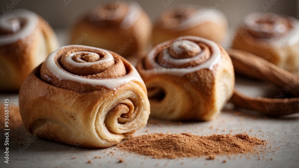 Fototapeta premium Tasty cinnamon rolls and ground cinnamon, sliced.