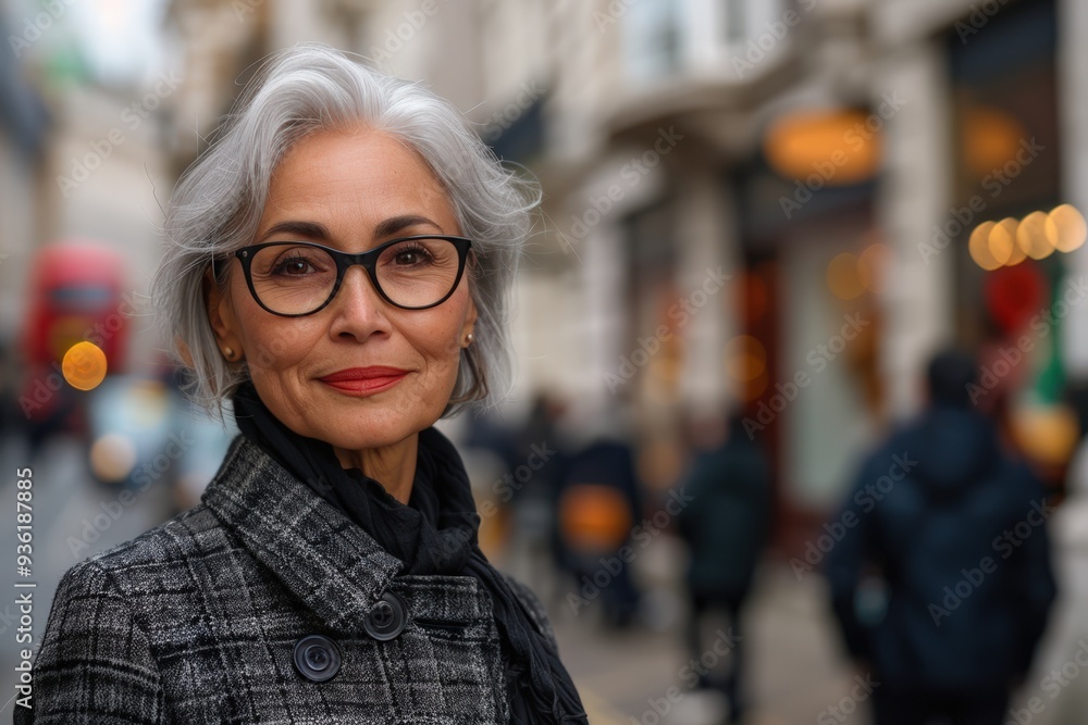 Elegant Woman with Glasses in Urban Street Evening Scene Elegant Woman with Glasses in Urban Street Evening Scene