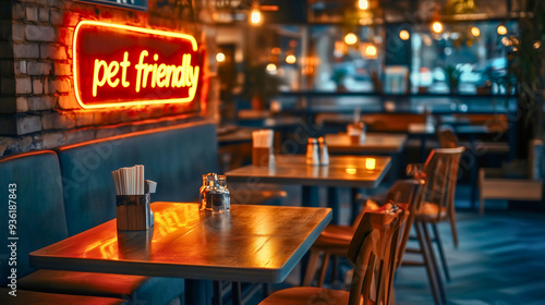 Pet-friendly restaurant neon sign on a window. A restaurant where animals are allowed. Pets are welcome here. photo