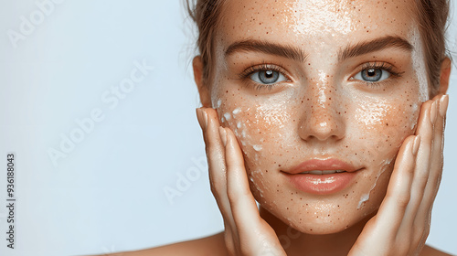 Woman with naturally glowing skin exfoliating face with soft scrub, against light background