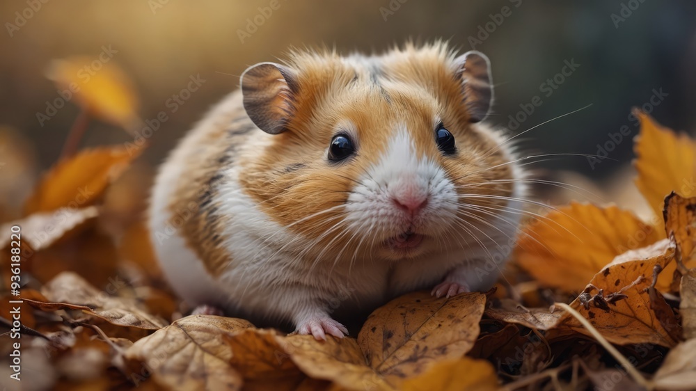 A cute hamster is resting in the autumn leaves. A cute hamster is resting in the autumn leaves.