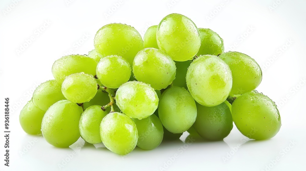 A bunch of green grapes with water droplets on a white background. A bunch of green grapes with water droplets on a white background.
