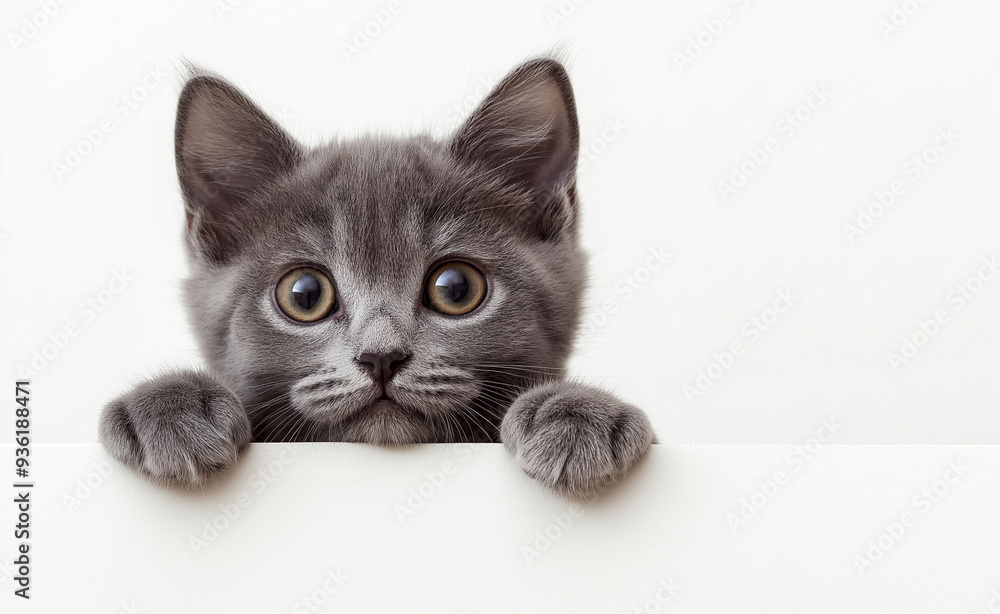 Fototapeta premium Gray kitten peeking over a white surface with big curious eyes.