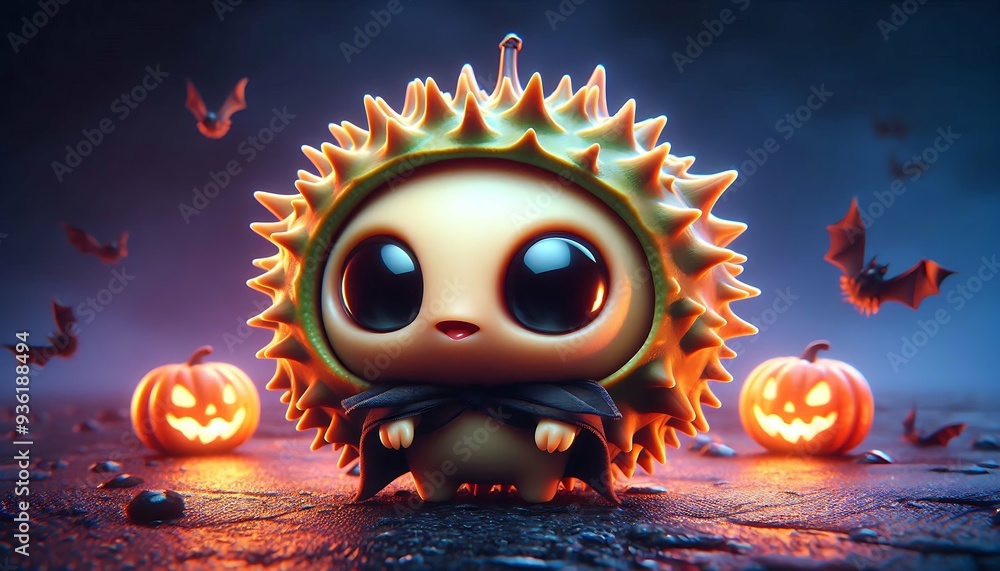 Fototapeta premium Spooky Durian Character with Bat Wings in a Halloween Pumpkin Patch