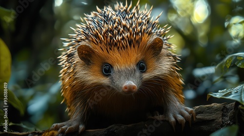 4K Realistic Lowland streaked tenrec, spiky hedgehog-like mammal, Madagascar forest, photo