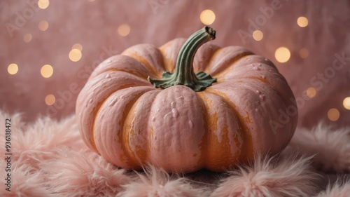 Soft fluffy pumpkin in pastel pink Halloween background. photo